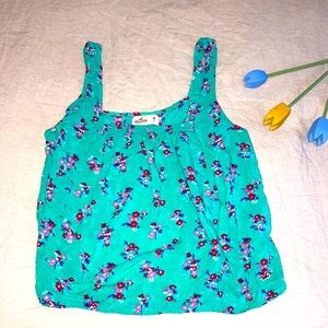 Hollister floral teal square neck tank top